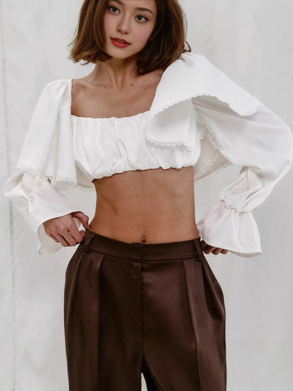 Zara White Cropped Patchwork Ruffle Pullover Blouse Spring - Picture 4 of 5